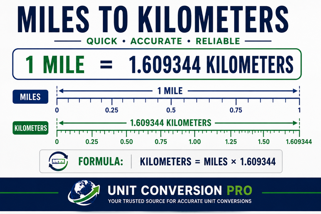 Miles to kilometers converter showing 1 mile equals 1.609344 kilometers