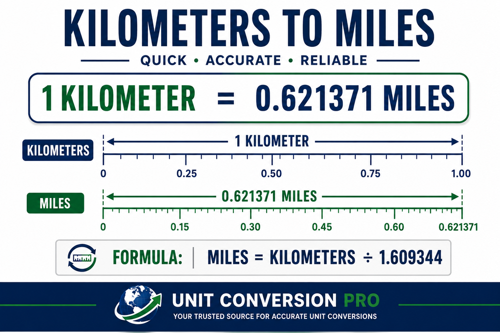 Kilometers to miles converter showing 1 kilometer equals 0.621371 miles