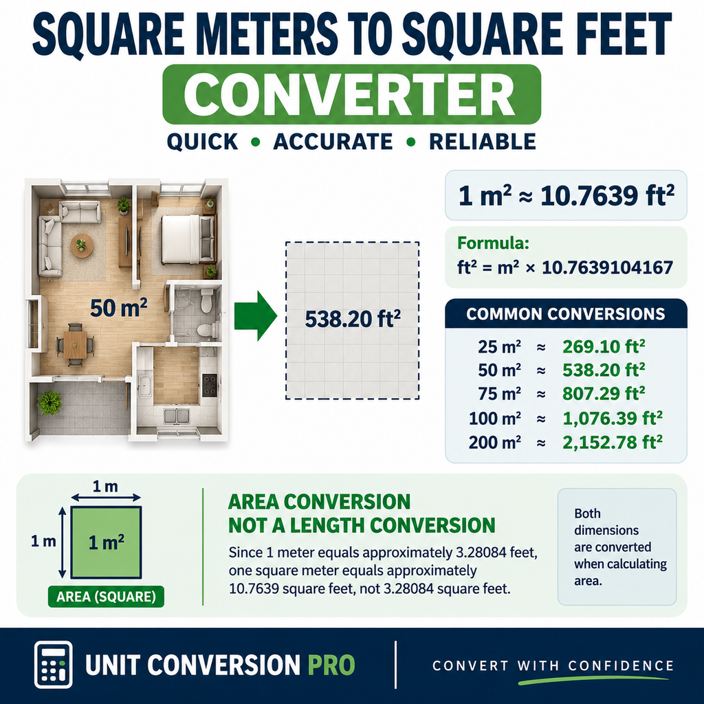Square Meters to Square Feet converter showing 1 square meter equals 10.7639 square feet, conversion formula, floor plan, and common area conversions