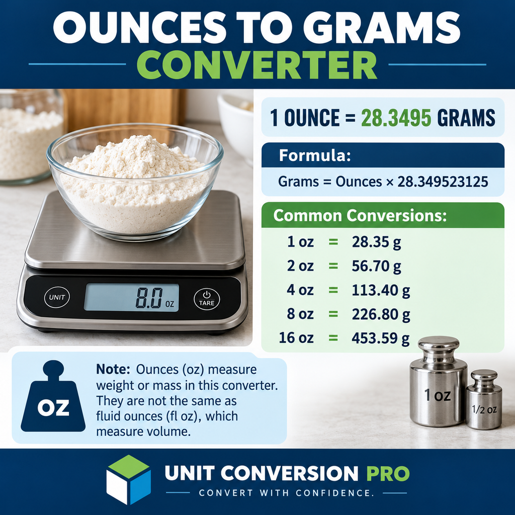 Ounces to Grams converter showing 1 ounce equals 28.3495 grams, conversion formula, kitchen scale, and common weight conversions