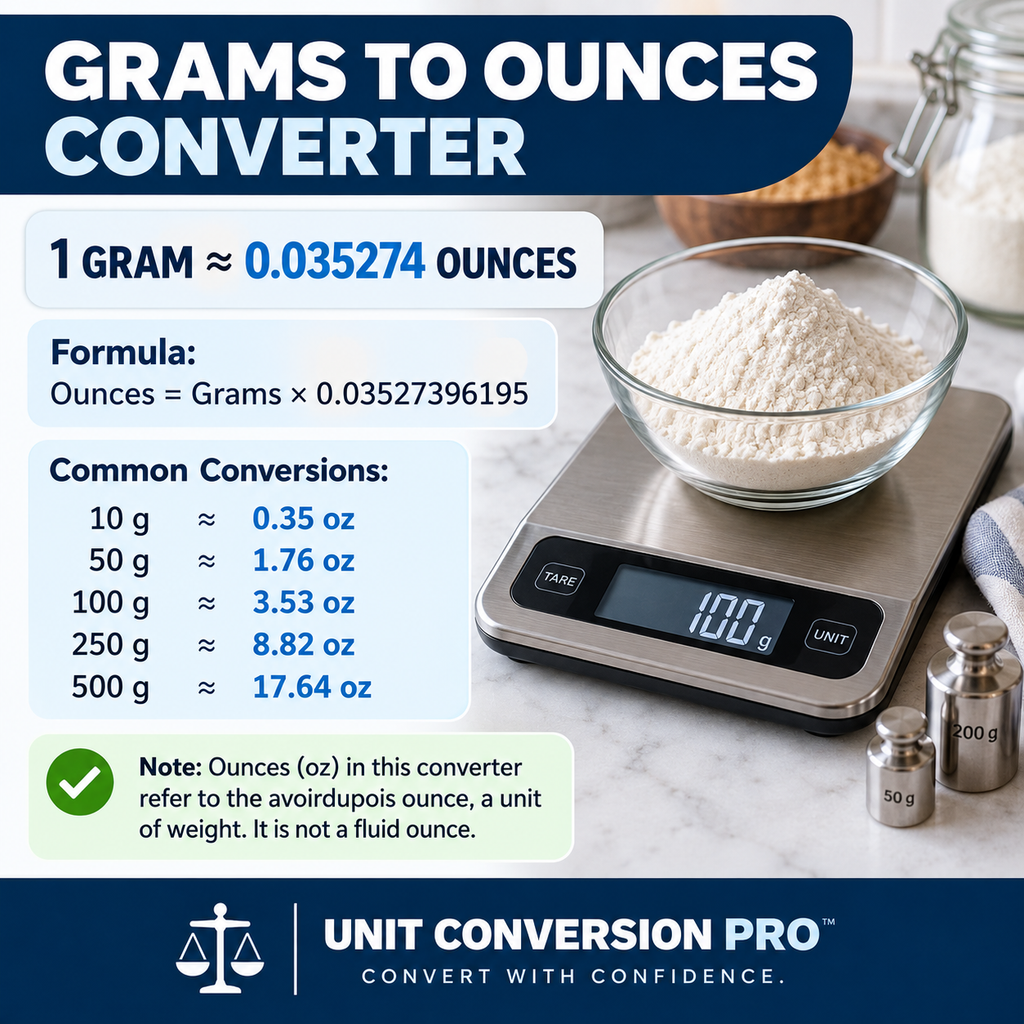 Grams to Ounces converter showing 1 gram equals 0.035274 ounces, conversion formula, kitchen scale, and common weight conversions