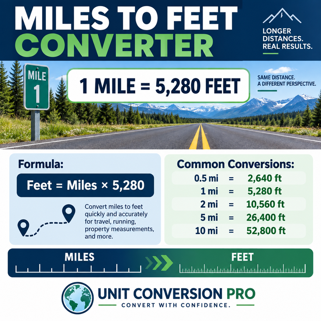 Miles to Feet converter showing 1 mile equals 5,280 feet, conversion formula, highway mile marker, and common distance conversions