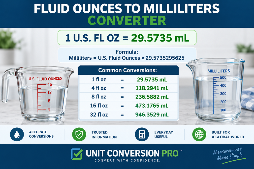 Fluid Ounces to Milliliters converter showing 1 U.S. fluid ounce equals 29.5735 milliliters, conversion formula, measuring cups, and common volume conversions