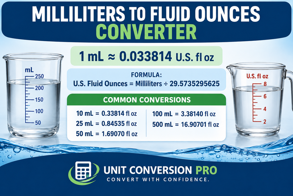 Milliliters to Fluid Ounces converter showing 1 milliliter equals approximately 0.033814 U.S. fluid ounces, conversion formula, measuring cups, and common volume conversions