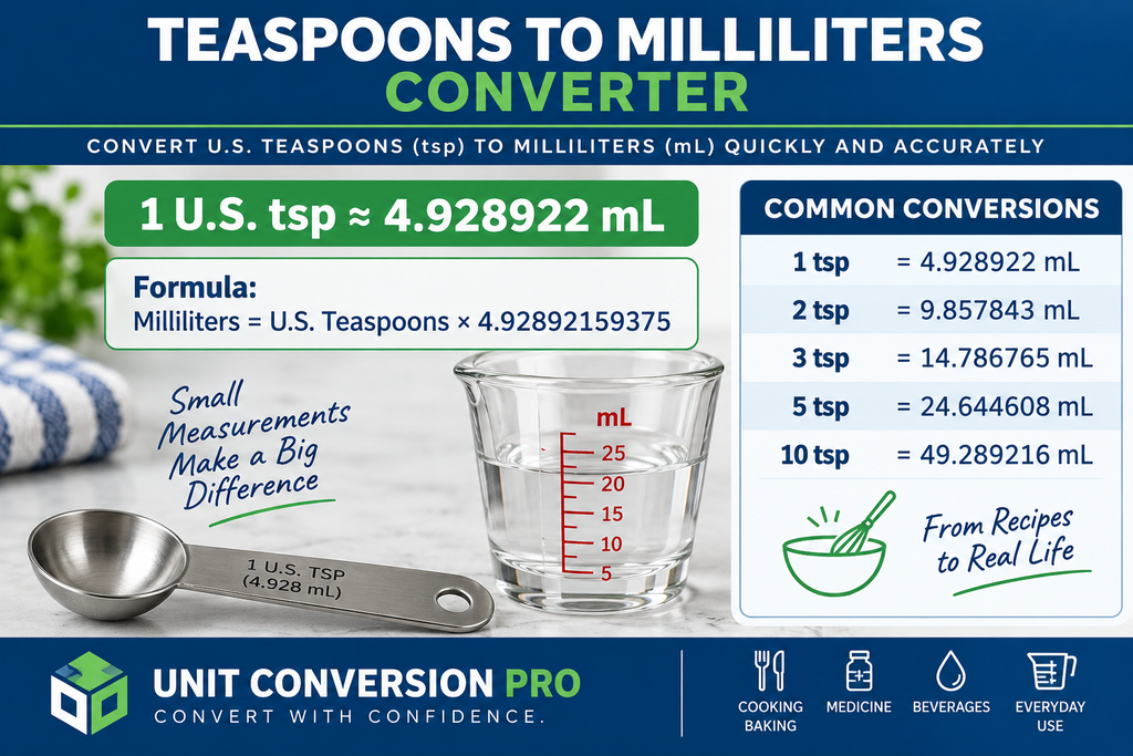 Teaspoons to Milliliters converter showing 1 U.S. teaspoon equals approximately 4.928922 milliliters, conversion formula, measuring spoon, measuring cup, and common volume conversions