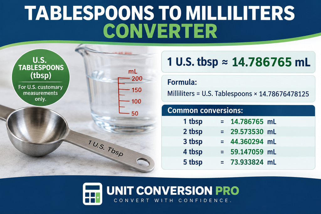 Tablespoons to Milliliters converter showing 1 U.S. tablespoon equals approximately 14.786765 milliliters, conversion formula, measuring spoon, measuring cup, and common volume conversions