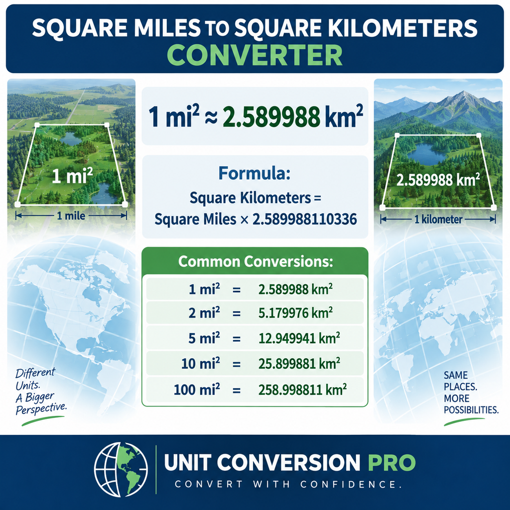 Square Miles to Square Kilometers converter showing 1 square mile equals approximately 2.589988 square kilometers, conversion formula, geographic land areas, maps, and common area conversions