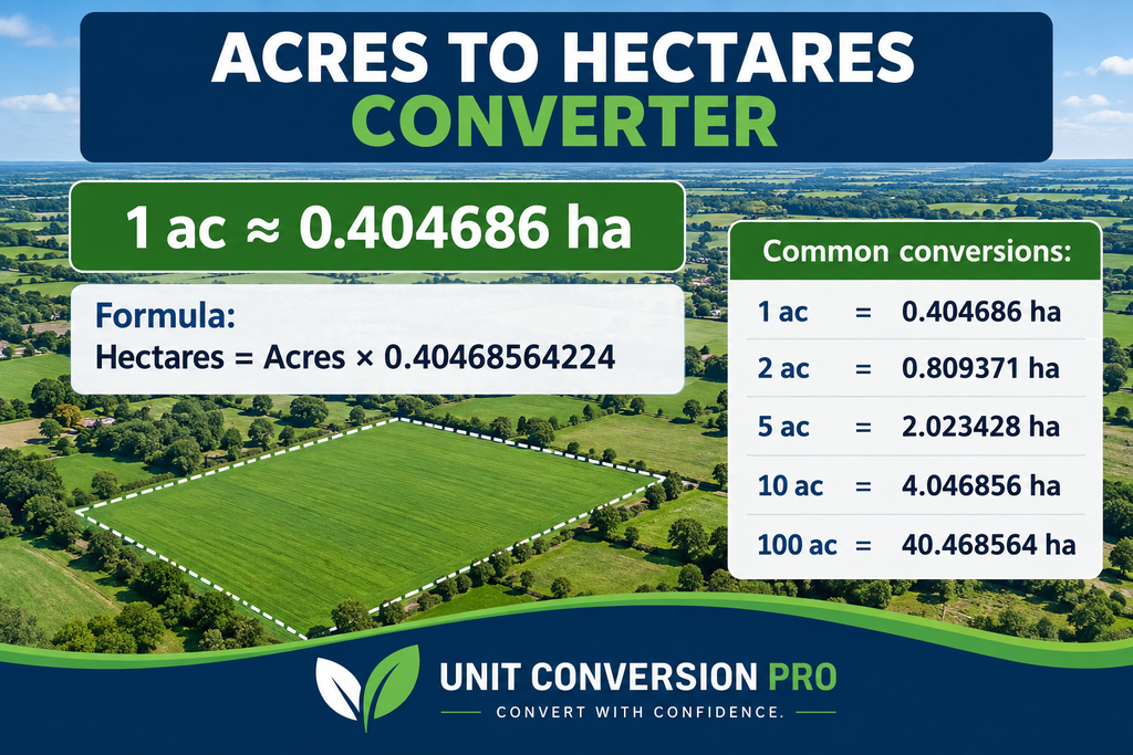 Acres to Hectares converter showing 1 acre equals approximately 0.404686 hectares, conversion formula, farmland imagery, and common area conversions
