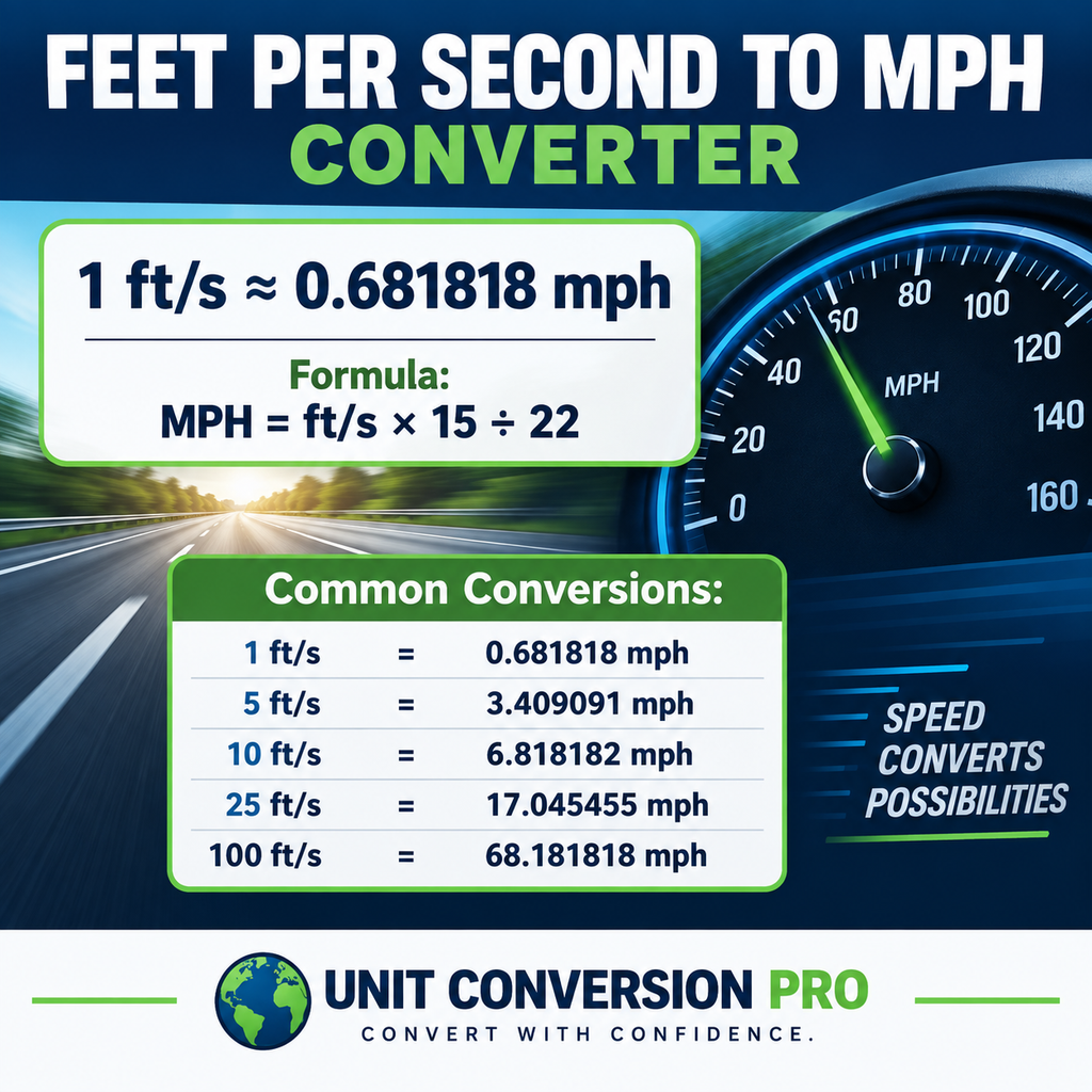 Feet per Second to MPH converter showing 1 ft/s equals approximately 0.681818 mph, conversion formula, speedometer and roadway imagery, and common speed conversions