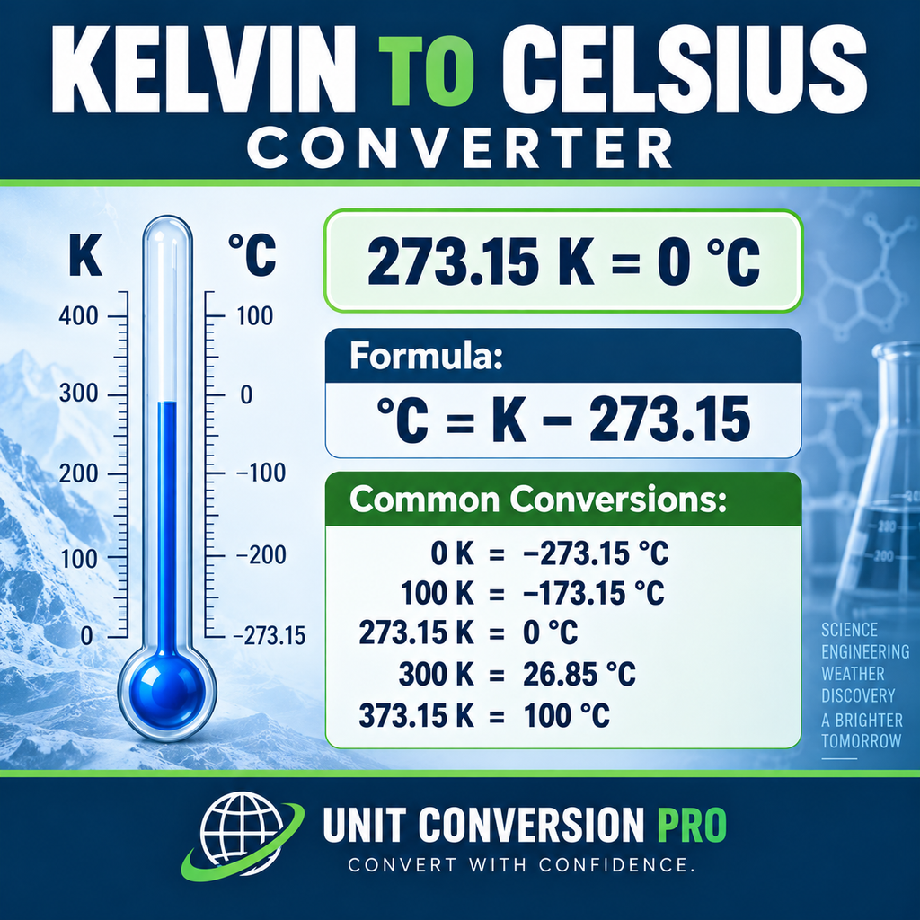 Kelvin to Celsius converter showing 273.15 K equals 0 °C, conversion formula, thermometer and scientific imagery, and common temperature conversions