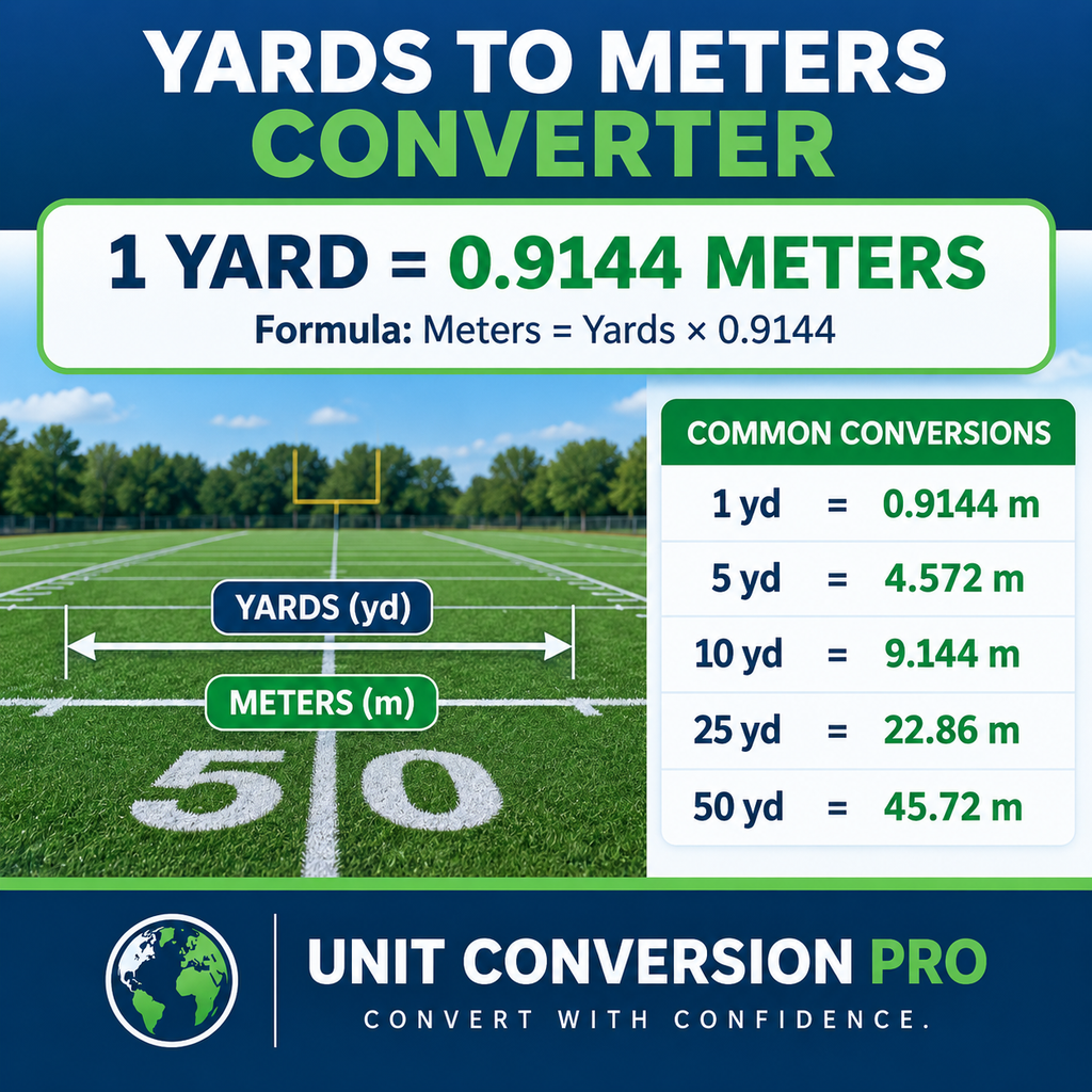 Yards to Meters converter showing 1 yard equals 0.9144 meters, conversion formula, football field, and common distance conversions