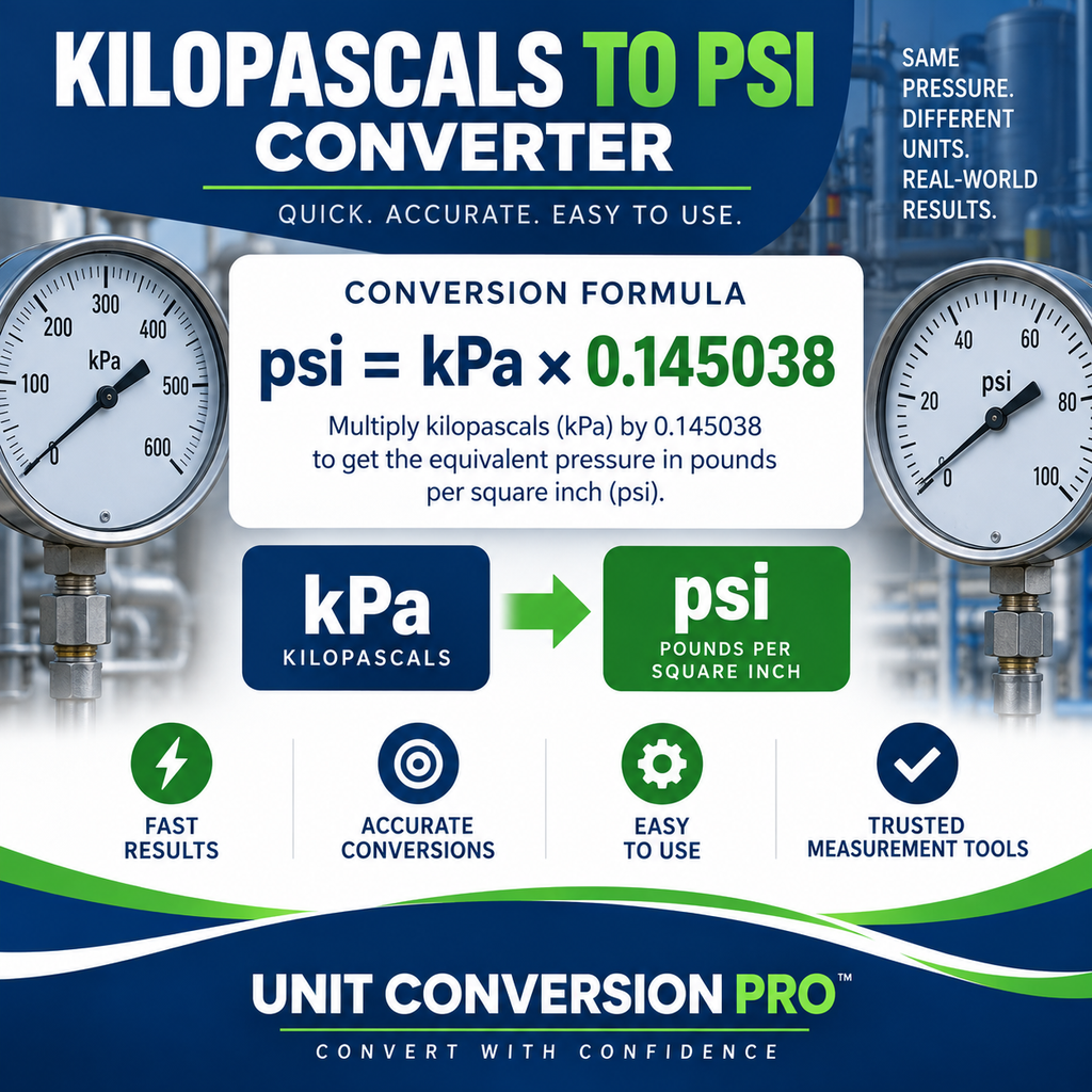 Kilopascals to PSI converter showing the kPa to psi conversion formula, pressure gauges, and common pressure measurement units.