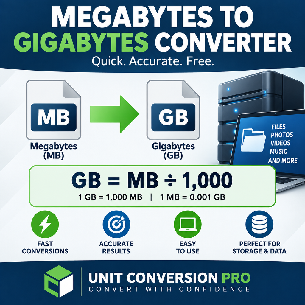 Megabytes to Gigabytes converter showing MB to GB conversion, the formula GB = MB ÷ 1,000, digital storage imagery, and common data conversion values.