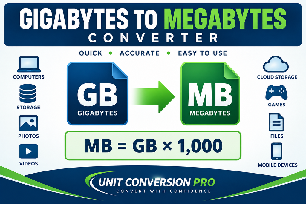 Gigabytes to Megabytes converter showing GB to MB conversion, the formula MB = GB × 1,000, and digital storage, computer, cloud, file, photo, video, game, and mobile device imagery.