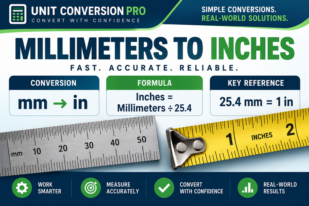 Millimeters to inches converter graphic showing mm to in conversion, formula, and 25.4 mm equals 1 inch.