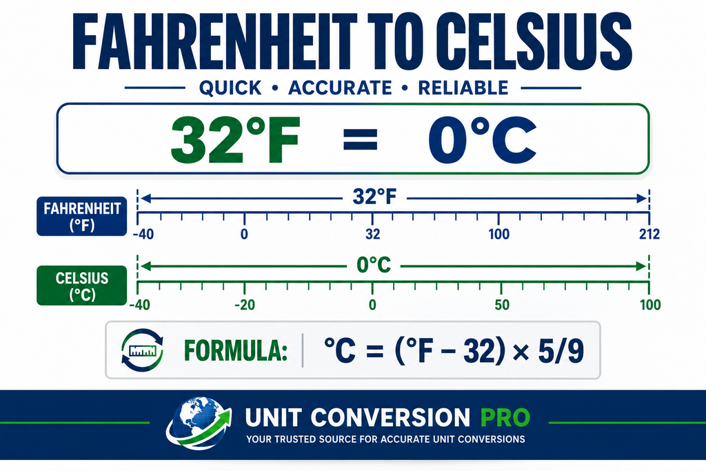 Fahrenheit to Celsius converter showing 32°F equals 0°C