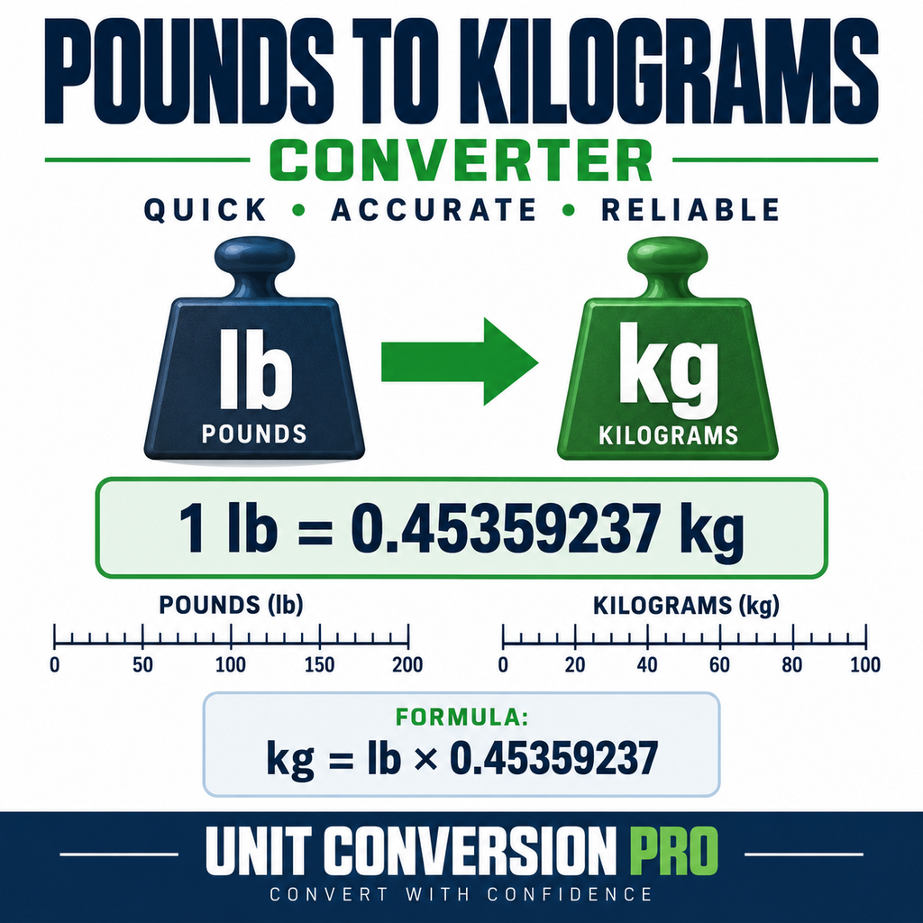 Pounds to kilograms converter showing 1 lb equals 0.45359237 kg and the lb to kg conversion formula