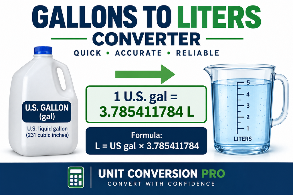 Gallons to liters converter showing 1 U.S. gallon equals 3.785411784 liters and the US gal to L conversion formula