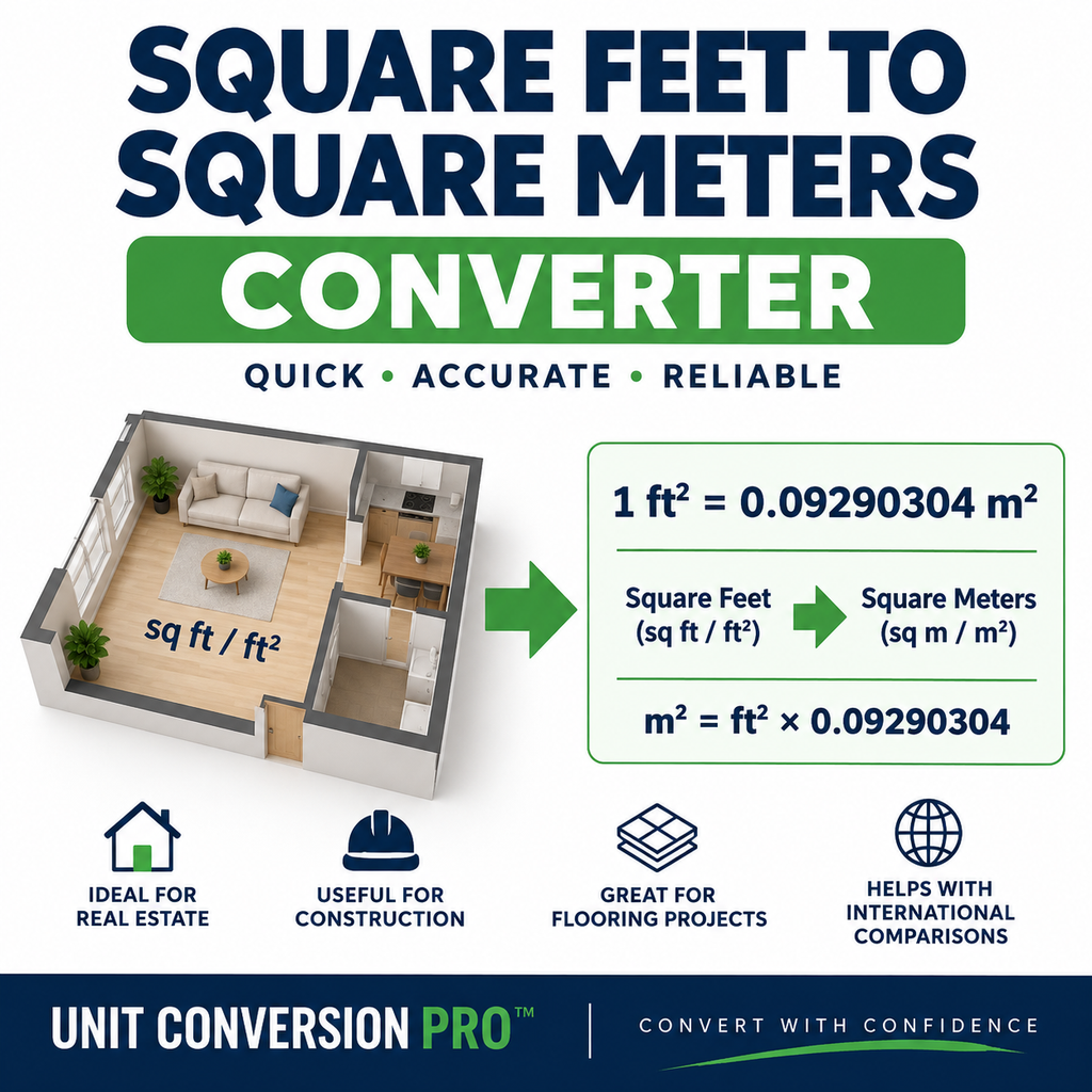 Square feet to square meters converter showing 1 ft² equals 0.09290304 m² and the square feet to square meters conversion formula