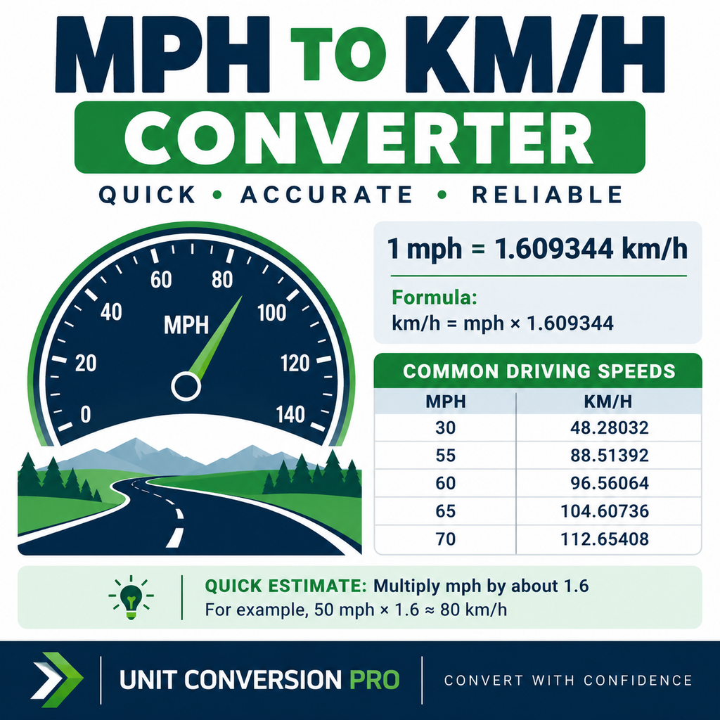 MPH to KM/H converter showing 1 mph equals 1.609344 km/h, conversion formula, common driving speeds, and quick speed estimate