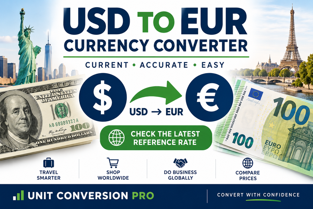 USD to EUR converter graphic showing U.S. dollars to euros currency conversion with dollar and euro symbols and current reference exchange rate information