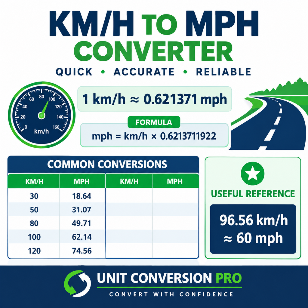 KM/H to MPH converter showing 1 km/h equals 0.621371 mph, speed conversion formula, speedometer, and common driving speed conversions