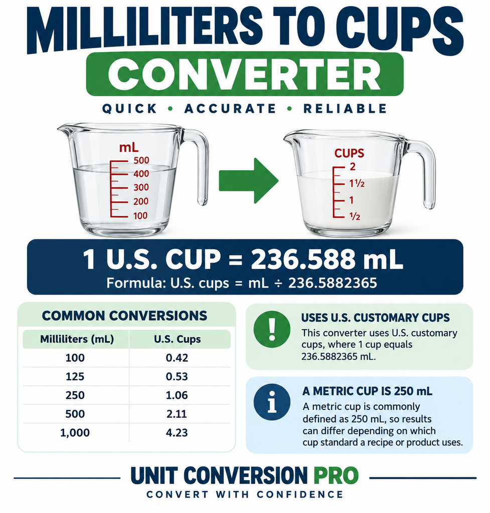 Milliliters to Cups converter showing 1 U.S. cup equals 236.588 mL, conversion formula, measuring cups, and common volume conversions