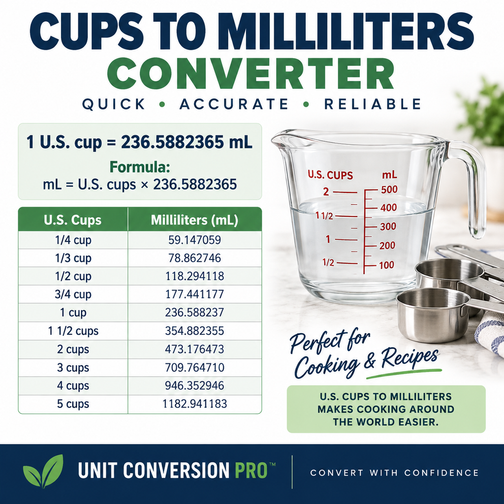 Cups to Milliliters converter showing U.S. cups to mL conversion formula, common cooking measurements, and measuring cups
