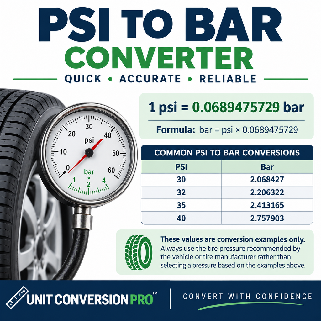 PSI to Bar converter showing pressure conversion formula, common PSI to bar values, tire, and pressure gauge