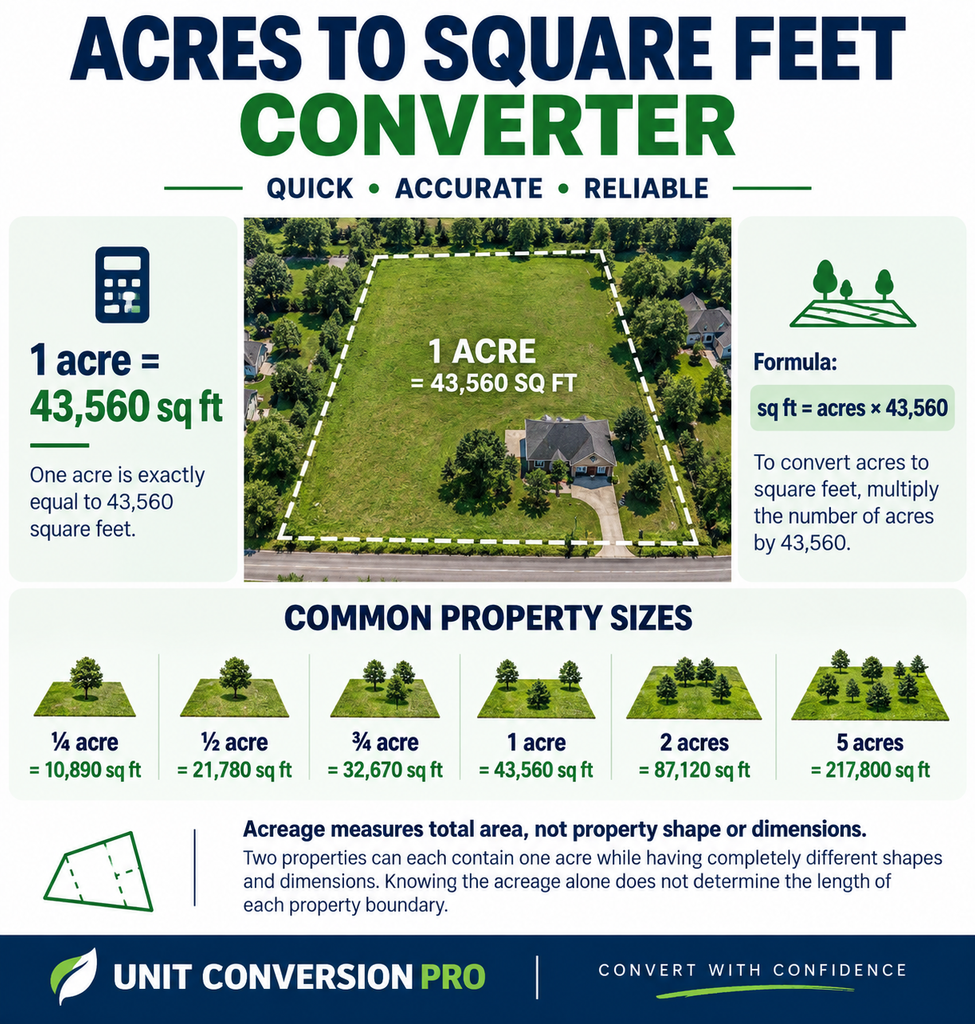 Acres to Square Feet converter showing 1 acre equals 43,560 square feet, common property sizes, and land area measurements
