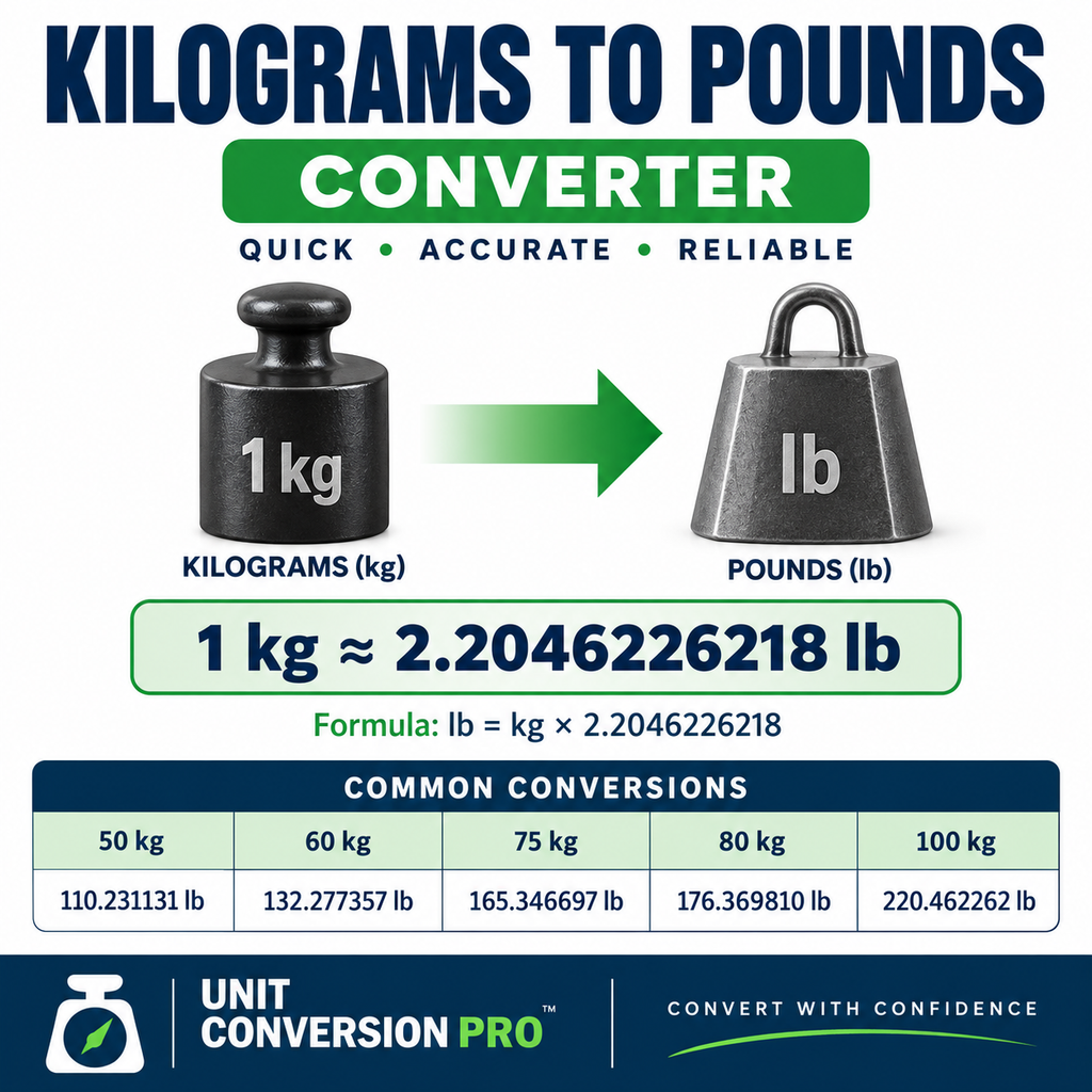 Kilograms to Pounds converter showing 1 kg equals 2.2046226218 lb, conversion formula, and common weight conversions