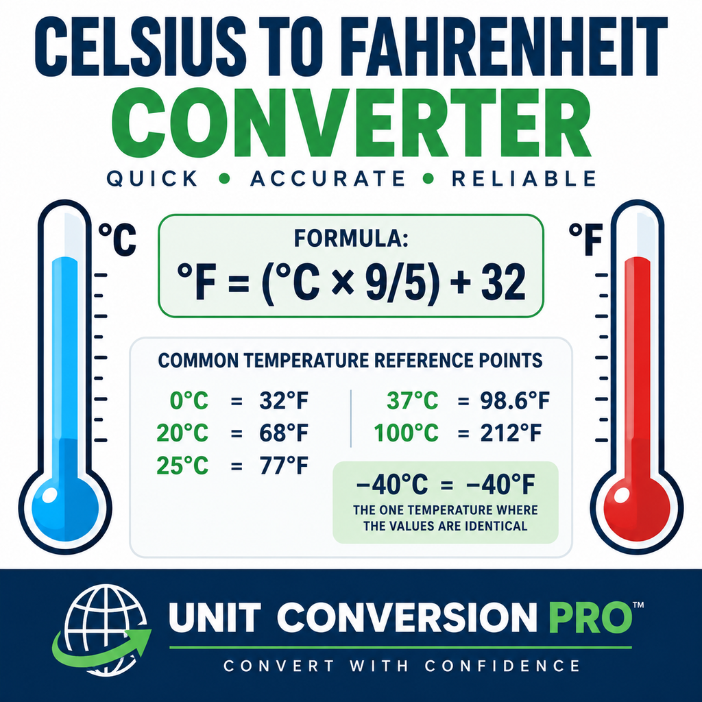 Celsius to Fahrenheit converter showing the temperature conversion formula, common Celsius to Fahrenheit values, and thermometer graphics